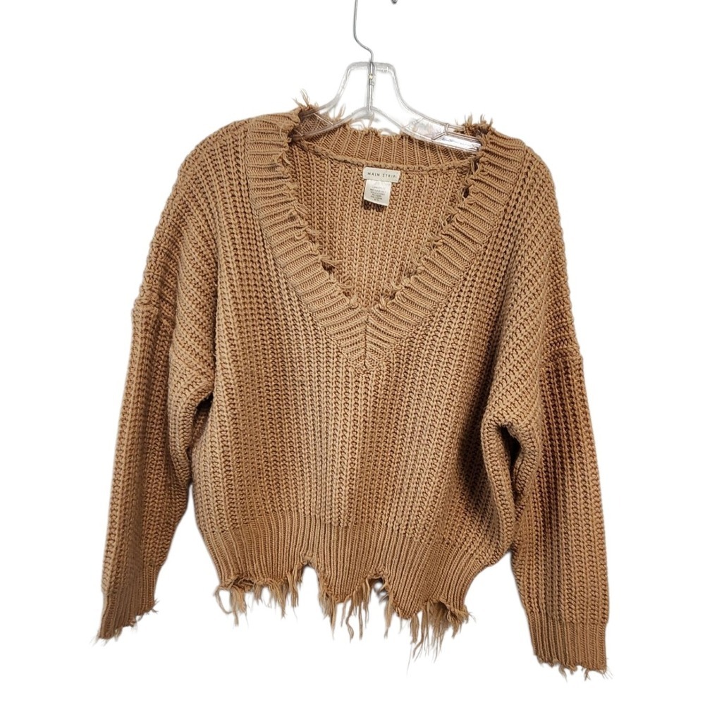Main Strip Womens M/M Tan Knit Frayed Hem V-Neck Long Sleeve Sweater